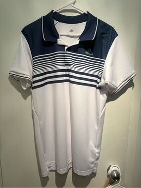 Adidas Men's White & Navy Striped Polo Shirt